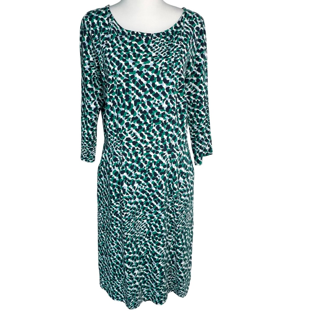 BODEN Women's 10 Green Blue White Abstract‎ Print Long Sleeve Midi Dress Pockets